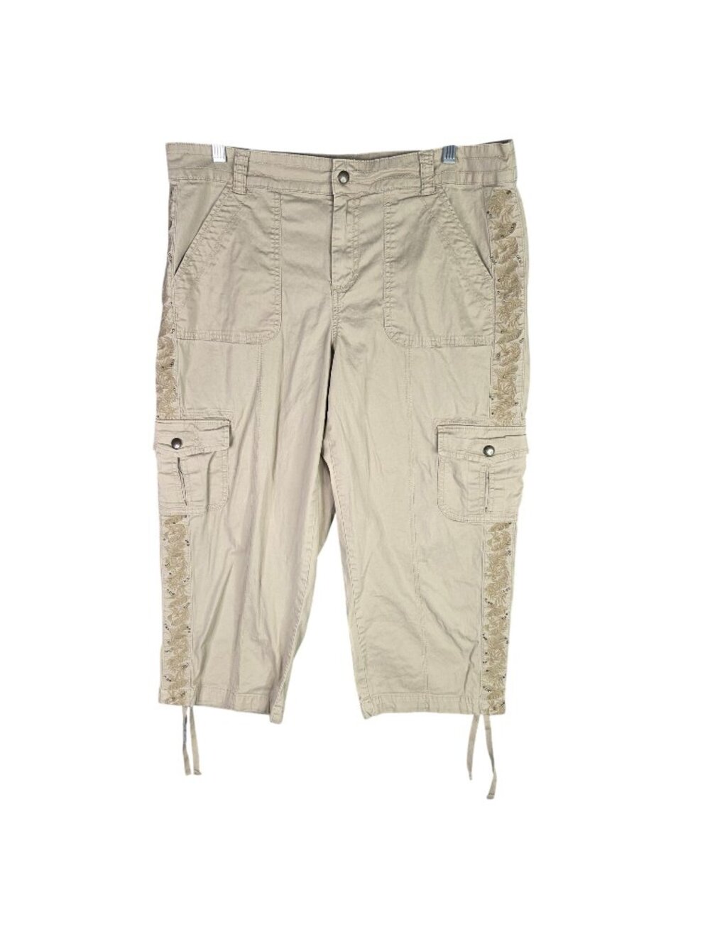 Womens Style & Co Tan Capri Cargo Pants Embroidery Sides Cotton Stretch 14